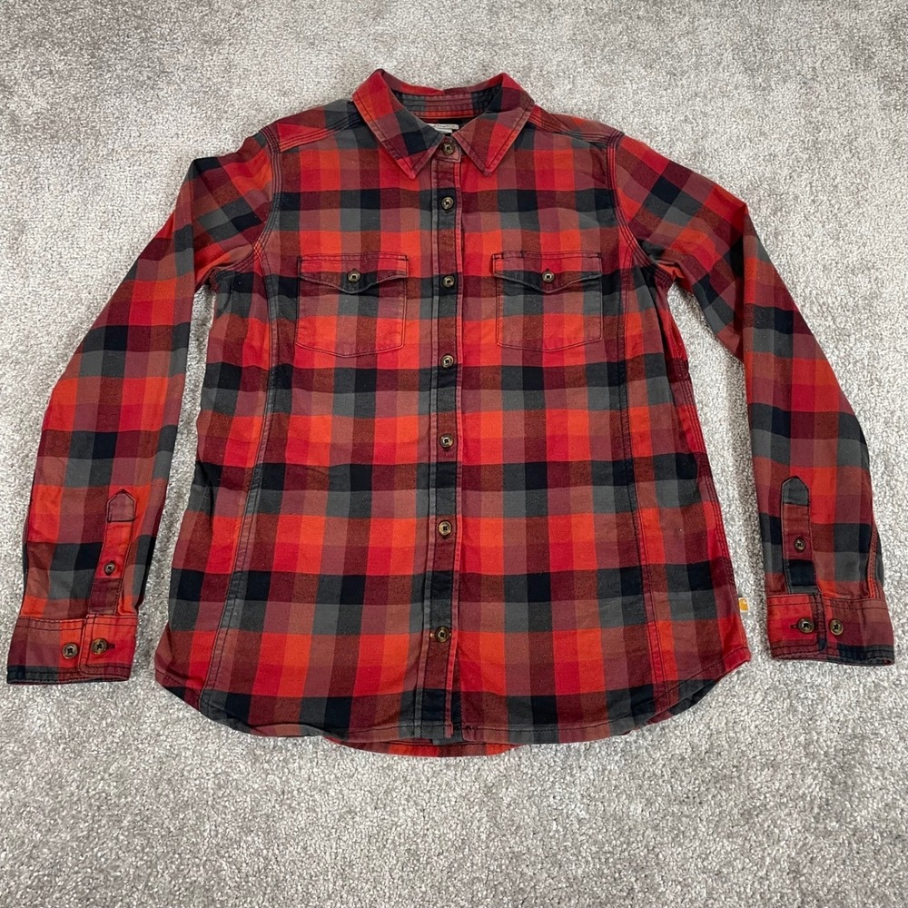 Carhartt Flannel Shirt Womens Small 4 6 Red Black Plaid Button Up - Picture 2 of 12